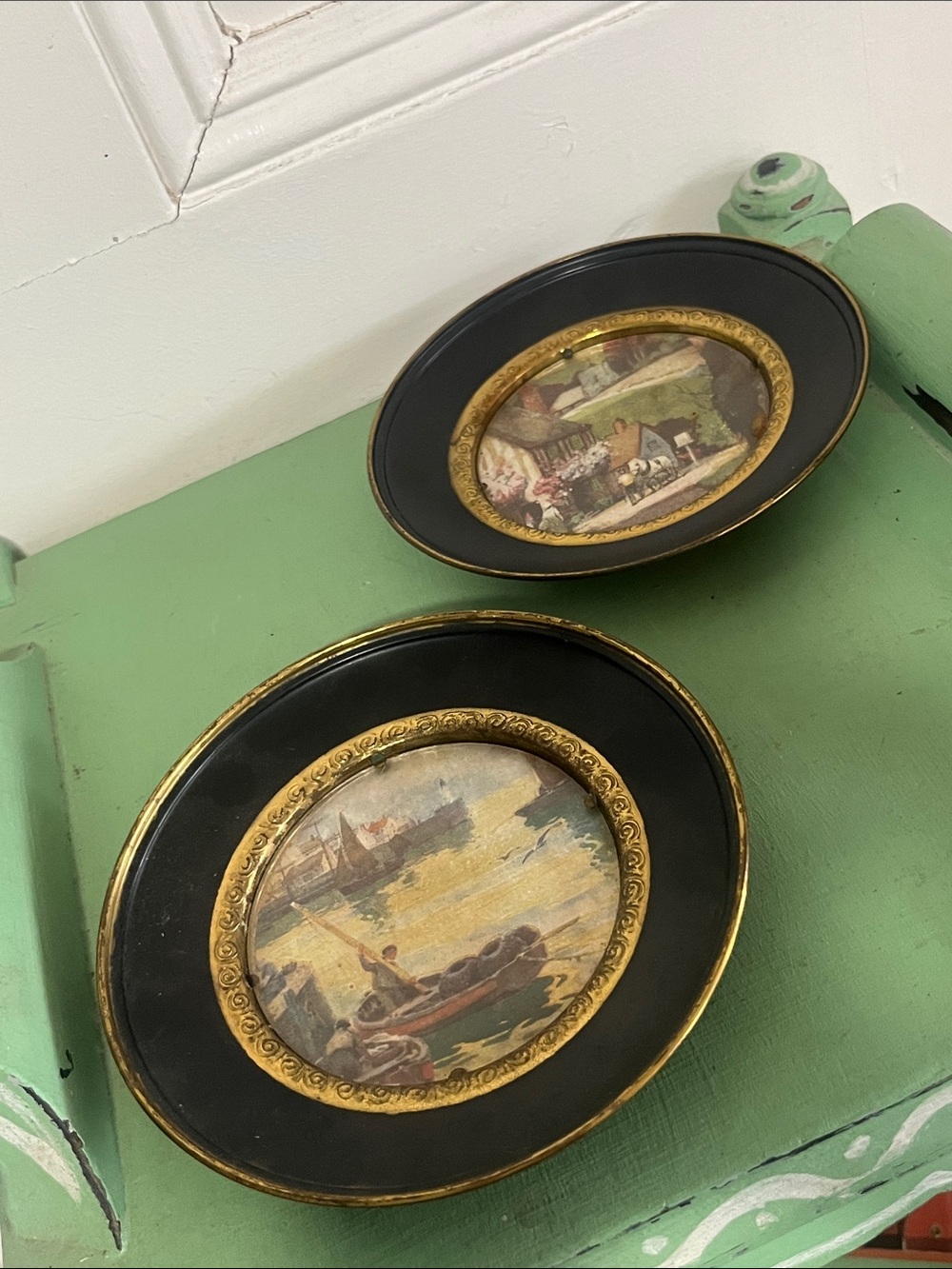 Brass Gold tone Miniature Landscape Scenic Wall Plate Paintings w/ Foil England - Picture 4 of 10